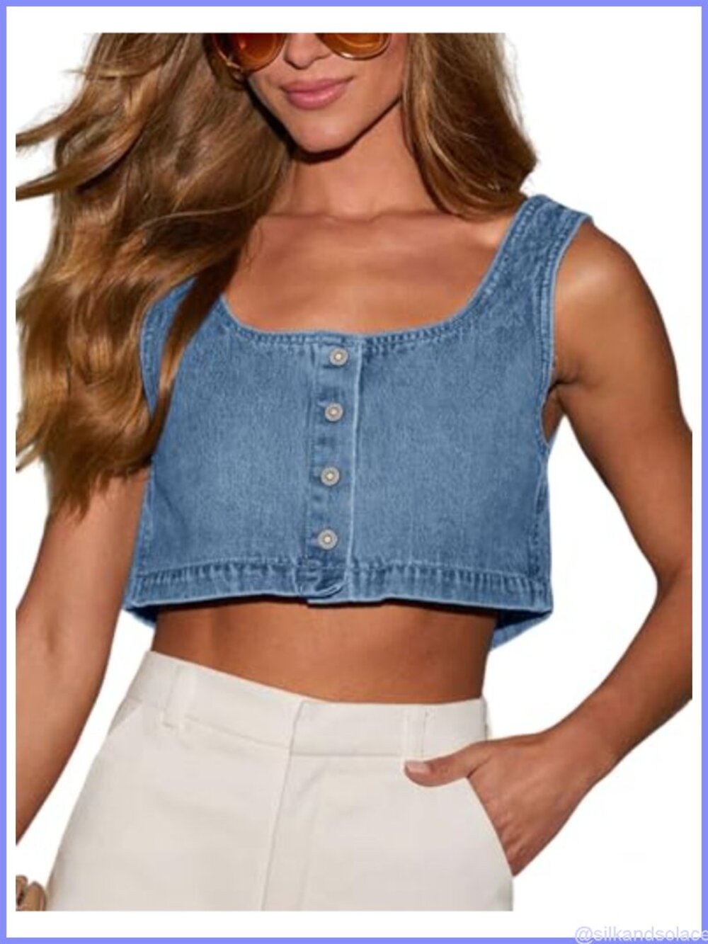 Reversible Denim Tank Top Button Front Crop Sleeveless Cami